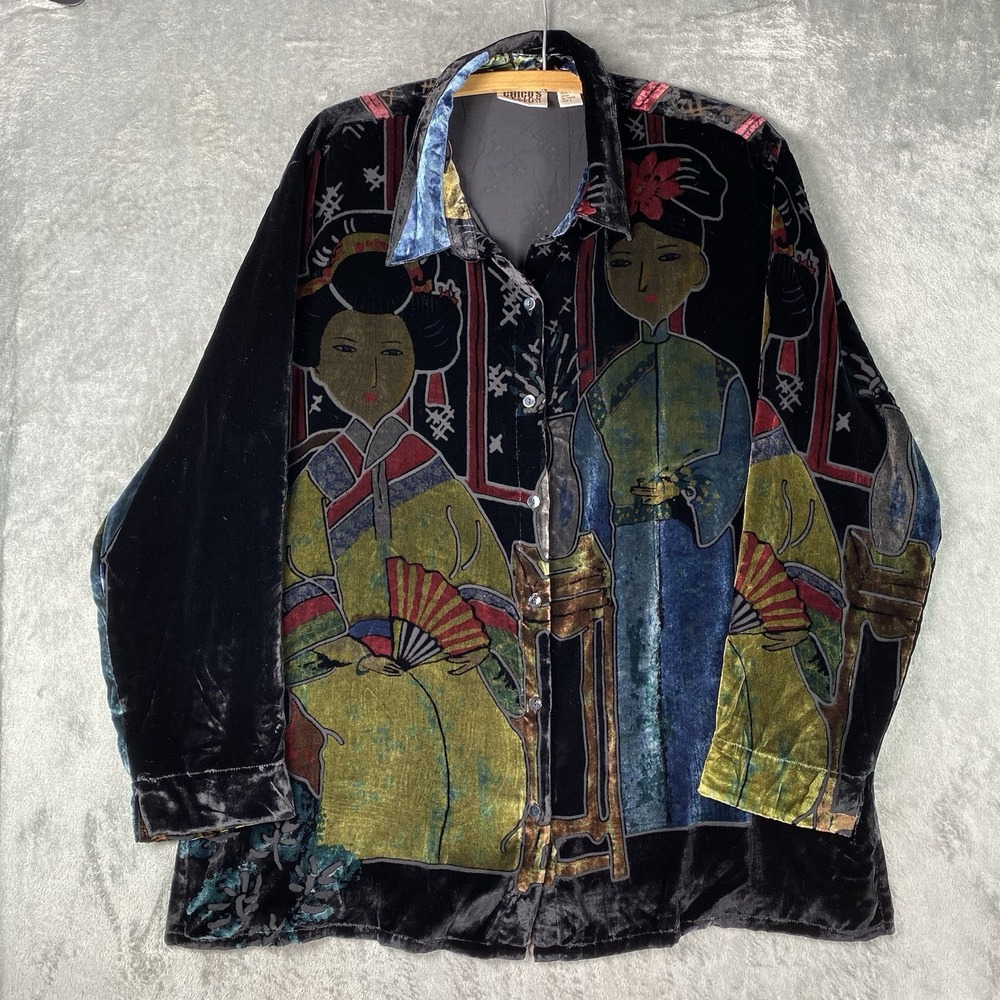 Vintage Chicos Blouse Womens Size 3 Silk Velvet Burnout Asian Geisha Art to Wear